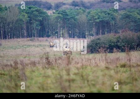 Zwei Supacat Jackal (MWMIK) Schnellangriff, Feuerunterstützung und Aufklärungsfahrzeuge im Einsatz bei einer militärischen Übung, Wiltshire UK Stockfoto