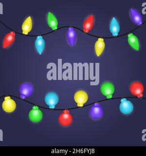 Bunte weihnachten glühende Girlanden isoliert auf dunklem Hintergrund Stock Vektor
