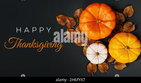 3D gerenderte Kürbisse mit Thanksgiving Greetings Hintergrund Banner und Wallpaper Design Stockfoto