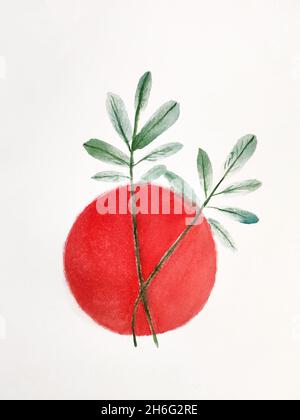 Grüner Zweig und rote Sonne, Symbol Japans. Aquarelldarstellung Stockfoto