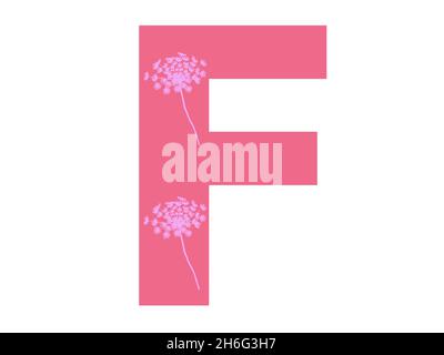 Buchstabe F des Alphabets hergestellt mit rosa Blume Silhouette in einem dunkelrosa Hintergrund, ist der Buchstabe auf einem weißen Hintergrund isoliert Stockfoto