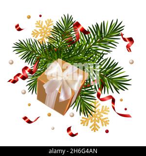 Weihnachtshintergrund mit Geschenkbox, Kiefernästen, glänzenden Goldschneeflocken und Serpentin. Vektorgrafik Stock Vektor