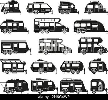 Wohnmobil, Caravan RV Autos und Camping Anhänger Silhouetten. Camping Wohnmobil, Road Trip Auto Wagon Vektor flache Illustration Set. Freizeit Stock Vektor