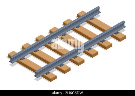 Isometrische schwarze Eisenbahnschienen und -schweller isoliert auf weißem Hintergrund. Eisenbahnikone Stock Vektor