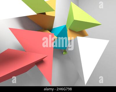 Abstrakte, farbenfrohe geometrische Installation auf weißem Hintergrund. 3d-Renderdarstellung Stockfoto