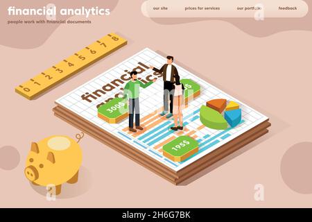 Büroangestellte, die sich mit Finanzanalysen beschäftigen, isometrische Illustration. Vektorgrafik Stock Vektor