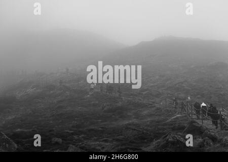 KARPACZ, POLEN - 16. OKTOBER 2021: Touristen besteigen den beliebten polnischen Berggipfel Sniezka im Riesengebirge bei bewölktem Wetter. Schwarz und Weiß. Stockfoto