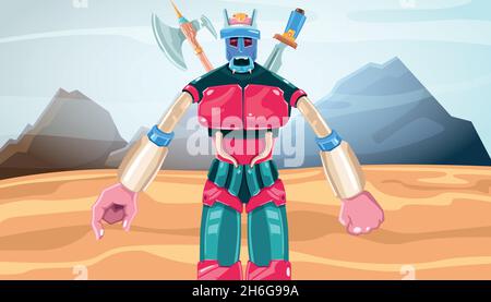Kriegerische Roboter auf dem Hintergrund von Bergen und Natur. Vektorgrafik Stock Vektor