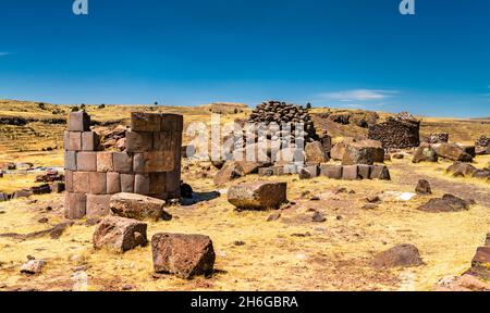 Sillustrani, ein präinkanischer Friedhof in der Nähe von Puno in Peru Stockfoto