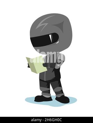 Motorradfahrer in einer schwarzen Jacke und Helm. Biker-Uniform. Sucht nach einer Route im Straßenatlas. Cartoon-Stil. Witziger Charakter. Flaches Design Stock Vektor