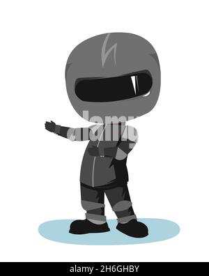 Motorradfahrer in einer schwarzen Jacke und Helm. Biker-Uniform. Die Geste einer Einladung zu gehen. Cartoon-Stil. Witziger Charakter. Flaches Design. Isoliert ein Stock Vektor