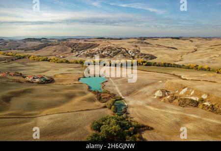 Luftaufnahme der wunderschönen Landschaft der Toskana in Italien, in der Nähe von Montalcino, Hügeln mit Weizen, gelbem gepflügten Feld und kleinen Teich oder See angebaut. Stockfoto