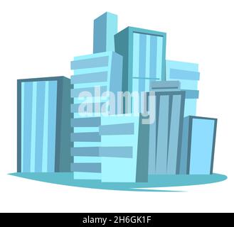 Große Stadt aus der Ferne. Wolkenkratzer und große Gebäude. Cartoon flache Stil Illustration. Blaue Stadtlandschaft Stadtbild. Isoliert auf weißem Hintergrund Stock Vektor