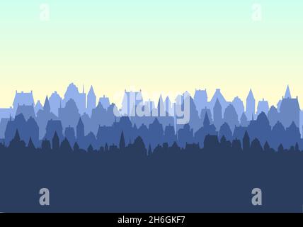 Kleine Stadt Straßen Silhouette. Dächer von Häusern. Landschaft auf dem Land. Abend. Flacher Cartoon-Stil. Nahtlose Illustration. Vektorgrafiken Stock Vektor