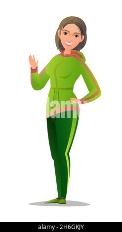 Frau im Trainingsanzug. Mädchen machte sich bereit für sportliche Aktivitäten. Fröhliche Person. Stehende Pose. Flaches Design im Comic-Stil. Ein Zeichen Stock Vektor