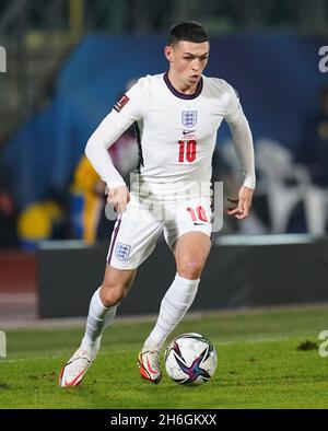 Der Engländer Phil Foden während des FIFA-WM-Qualifikationsspiel im San Marino Stadium, Serravalle. Bilddatum: Montag, 15. November 2021. Stockfoto