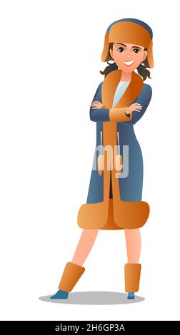 Frau in Winterkleidung. Schaffellmantel und warmer Hut. Mädchen im Winter. Fröhliche Person. Stehende Pose. Flaches Design im Comic-Stil. Einzeln Stock Vektor