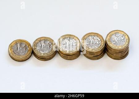Stapel britischer 1-Pfund-Münzen über dem Bild Stockfoto