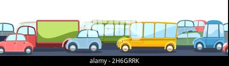 Nahtlose horizontale Schwerlastverkehr auf asphaltierter Straße. Cartoon-Illustration. Verschiedene lustige Autos im Comic-Stil. Isoliert auf weißem Hintergrund. Vektor Stock Vektor