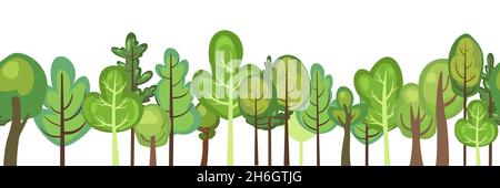 Flacher Wald. Horizontale nahtlose Komposition. Cartoon-Stil. Lustige grüne ländliche Landschaft. Level das Spiel. Komisches Hintergrunddesign. Nette Szene mit Stock Vektor