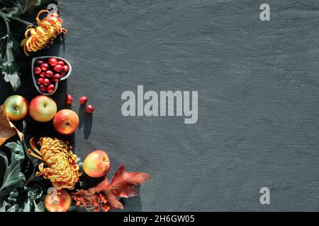 Orangefarbene Chrysanthemenblüten, trockenes Hasenschwanzgras und rote Eichenblätter. Herbstschmuck, Draufsicht mit Kopierraum. Flacher Lay auf dunklem Textil. Stockfoto