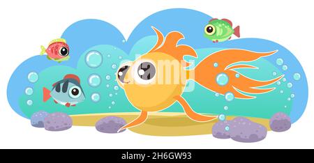 Tropischer Goldfisch. Kleine Landschaft. Unterwasserwelt. Wilde Tiere. Meer, Meer. Sommerwasser. Isoliert auf weißem Hintergrund. Illustration in Cartoon Stock Vektor