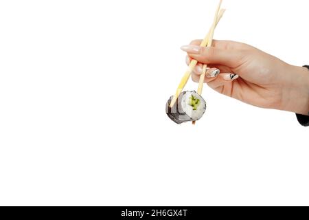 Japanische Küche, Sushi-Brötchen auf weißem Hintergrund isoliert, Nahaufnahme Stockfoto
