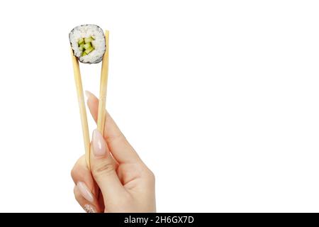 Japanische Küche, Sushi-Brötchen auf weißem Hintergrund isoliert, Nahaufnahme Stockfoto