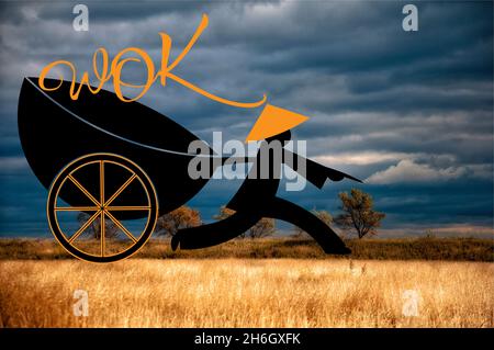 Logo Chinesischer Mann, der mit dem Wok und dem Wok auf Rädern vor dem Hintergrund von Getreide und einem dunklen Himmel läuft Stockfoto