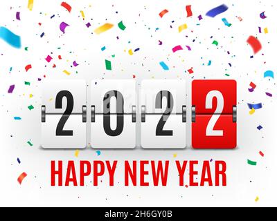 2022 Happy New Year Party Time Chronometer mit Konfetti Vektor Hintergrund. 3d realistische Flip-Uhr Countdown Zähler oder Timer, mechanische Countdown s Stock Vektor