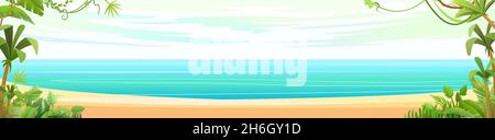 Strand am Meer. Sommerlandschaft. Weit weg ist der Ozeanhorizont. Ruhiges Wetter. Muscheln und Dschungelpalmen. Horizontale Zusammensetzung. Flache Illustration Stock Vektor