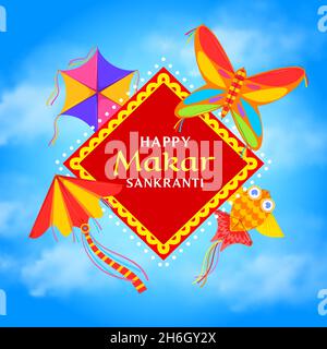 Makar Sankranti Urlaub Drachen in blauen Himmel Vektor indischen hinduistischen Religion Festival. Bunte fliegende Spielzeuge und Papierdrachen in Form von Schmetterling, Vogel und Stock Vektor