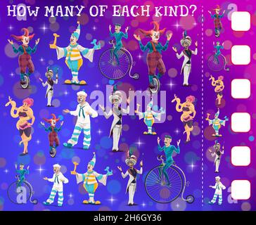 Ich spioniere Spiel shapito Zirkus Charaktere, Kinder Bildung Aktivität. Finden und zählen Puzzle, Labyrinth und Rätsel, mathematische Arbeitsblatt Vektor-Vorlage mit Cartoon cir Stock Vektor
