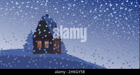 Ländliches kleines Haus im Winter. Landschaft. Weihnachtsnacht. Ruhiger Winterabend. Das Giegeldach ist mit Schnee bedeckt. Schönes und gemütliches Vorort Dorf Stock Vektor