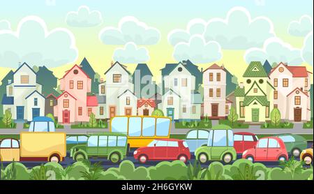 Starker Verkehr auf der Straße. Nahtlose horizontale Cartoon-Illustration. Asphaltweg. Sommerliche Straßenlandschaft. Verschiedene Autos im Comic-Stil. Vektor Stock Vektor