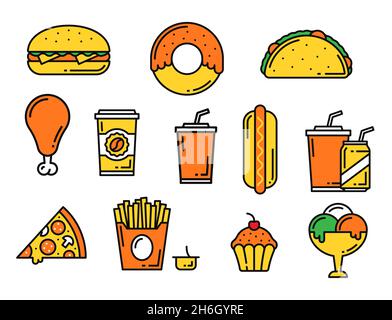 Fast-Food-Thin-Line-Symbole von Vektor-Snacks und Junk-Drinks. Pizza, Burger und Hühnerfleisch, Hamburger, Donut, Kaffee und Soda, pommes Frites, ho Stock Vektor