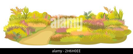 Weg schräg zur Wiese. Herbstwiese. Nahaufnahme des Grases. Ländliche schöne Landschaft. Wilder ungeschnittener Rasen. Trail. Cartoon-Stil. Flaches Design Stock Vektor