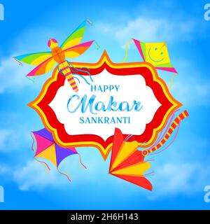 Makar Sankranti Drachen Vektor-Rahmen der indischen Feiertag. Farbenfrohe Papierspielzeuge des Hindu-Religionsfestes fliegen in blauem Himmel, Vogel- und Libellendrachen mit Stock Vektor