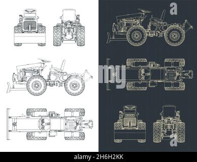 Stilisierte Vektor-Illustration von Blaupausen von Mini-Traktor Stock Vektor