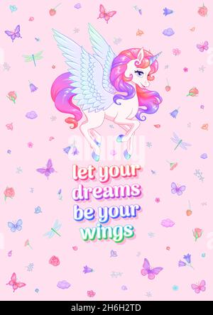 Fliegendes Einhorn und Schriftzug umgeben von Blumen und Schmetterlingen. Vektorgrafik auf rosa Hintergrund. Stock Vektor