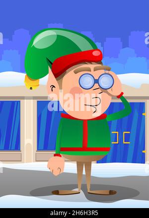 Weihnachtself schaut durch ein Fernglas. Vektor Cartoon Figur Illustration von Santa Claus kleinen Arbeiter, Helfer. Stock Vektor