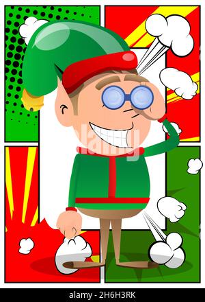 Weihnachtself schaut durch ein Fernglas. Vektor Cartoon Figur Illustration von Santa Claus kleinen Arbeiter, Helfer. Stock Vektor