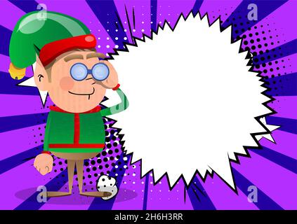 Weihnachtself schaut durch ein Fernglas. Vektor Cartoon Figur Illustration von Santa Claus kleinen Arbeiter, Helfer. Stock Vektor