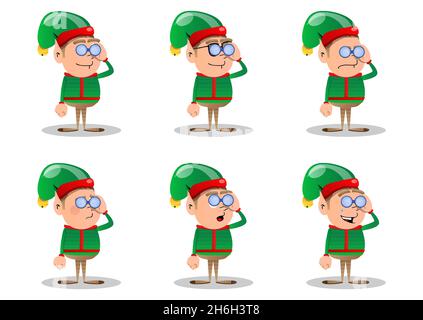 Weihnachtself schaut durch ein Fernglas. Vektor Cartoon Figur Illustration von Santa Claus kleinen Arbeiter, Helfer. Stock Vektor