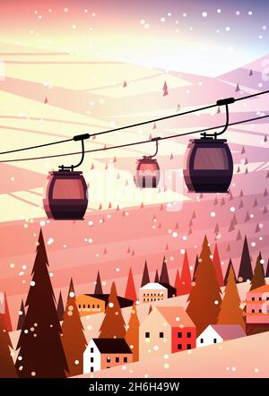 Seilbahn in verschneiten Bergen Wohnhäuser Gegend Skigebiet weihnachten Neujahr Urlaub Feier Winterurlaub Stock Vektor