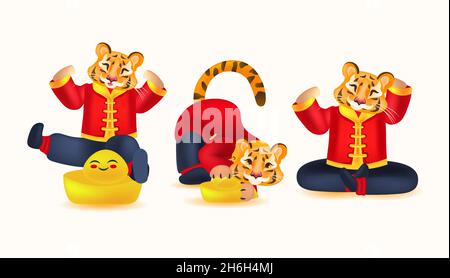 Set niedlichen Tigern Spaß glücklich Neujahr fröhlich weihnachtsfeiertage Feier Grußkarte horizontal Stock Vektor