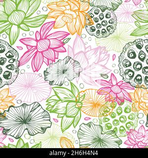 Vektor weiß bunt überlappenden Lotus tropischen Blumen und Seerosen Pads Samen Schoten komplizierte Wiederholung Muster. Geeignet für Textil, Geschenkpapier und Stock Vektor