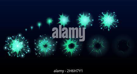 Feuerwerk explodieren Effekt für Spiel-Animation, Burst Sprites, Benutzeroberfläche GUI-Elemente für Videospiele, Computer oder Web-Design. Explosionsrahmen, blaue Blitzlichter, Cartoon-Vektor-Illustration, Set Stock Vektor