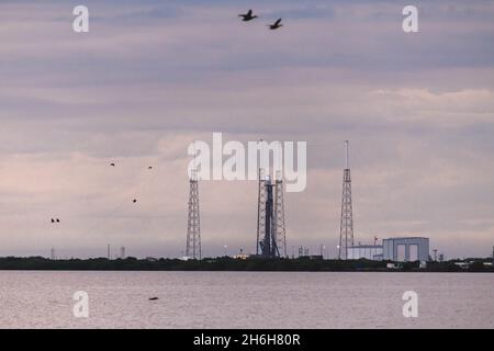 Eine SpaceX Falcon 9-Rakete startet vom Space Launch Complex 40 auf der Cape Canaveral Space Force Station, Florida, 13. November 2021. Die Rakete wird 53 Starlink-Satelliten in die Umlaufbahn befördern. Stockfoto