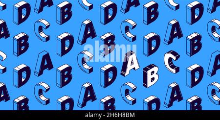 Nahtloses Muster mit isometrischer Schrift, geometrischer 3d-Schrift. Kreatives Ornament mit schwarz-weißen Schriftzeichen auf blauem Hintergrund. Trendige dekorative Alphabet, Vektor-Illustration in Linie Art-Stil Stock Vektor